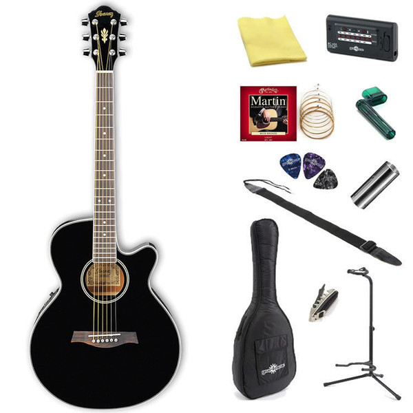 ギター Ibanez AEG8E DISC Ibanez AEG8E Acoustic Guitar, Black + Perfect Ten Pack