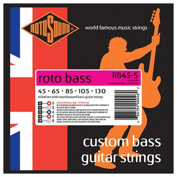 Rotosound RB45 Nickel 5-String Bass Guitar Strings, 45-130