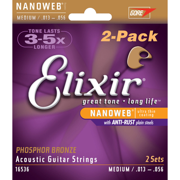 Elixir E16102 Phosphor Bronze Nanoweb Medium, 13-56, 2 Pack