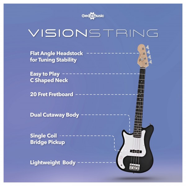 VISIONSTRING 3/4 Bass Guitar, Black Left Handed Infographic