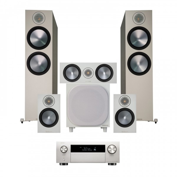 Denon AVC-X4800H AVR, Silver with Bronze 500 5.1 Package, Grey and White Front View