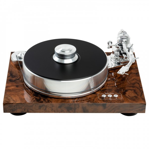 Pro-Ject Signature 10 Turntable, Gloss Walnut Burl Front View