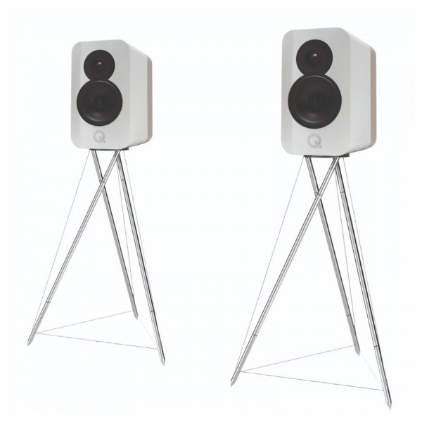 Q Acoustics Concept 300 Gloss White  Oak Bookshelf Speakers (Pair) with Tripod Speaker Stands Front View