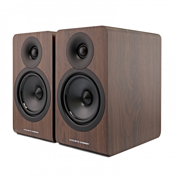 Acoustic Energy AE100 MK2 Bookshelf Speakers (Pair), Walnut - angled no grille