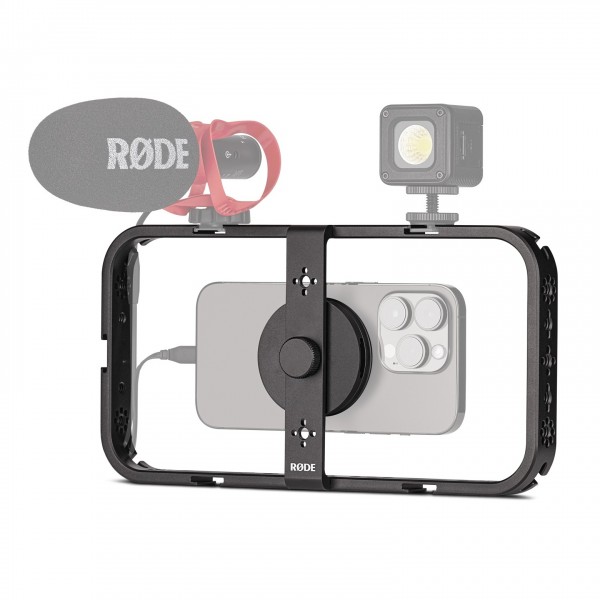 Rode Smart Phone Cage - Angled with Mounted Equipment (Mic and other accessories not included)