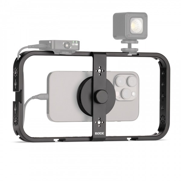 Rode Mobile Phone Cage - Angled with Mounted Equipment (Mic and other accessories not included)