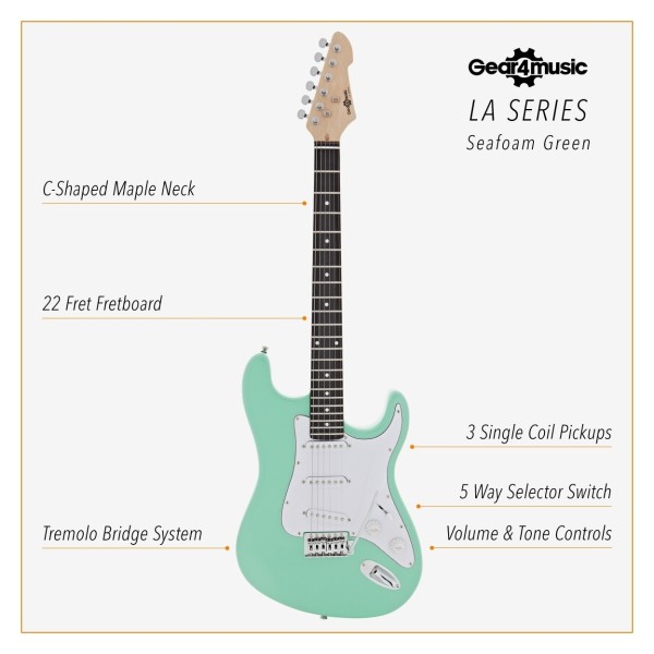 LA Electric Guitar Seafoam Green, 15W Guitar Amp & Ultimate Accessory Pack
