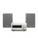 Denon RCD-M41 Amp Silver w/ Denon SCN10 Speakers, Grey Front View