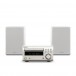 Denon RCD-M41 Amp Silver w/ Denon SCN10 Speakers, White Front View
