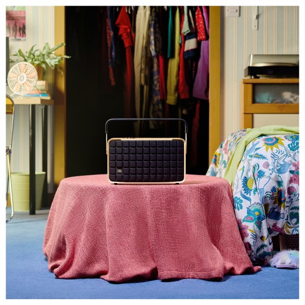 JBL Authentics 300 Portable Smart Speaker, Black - Lifestyle bedroom up close