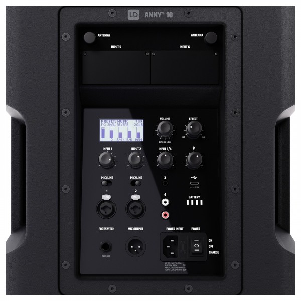 LD Systems ANNY 10" Battery-Powered Bluetooth PA System With Mixer - Panel Closeup, On