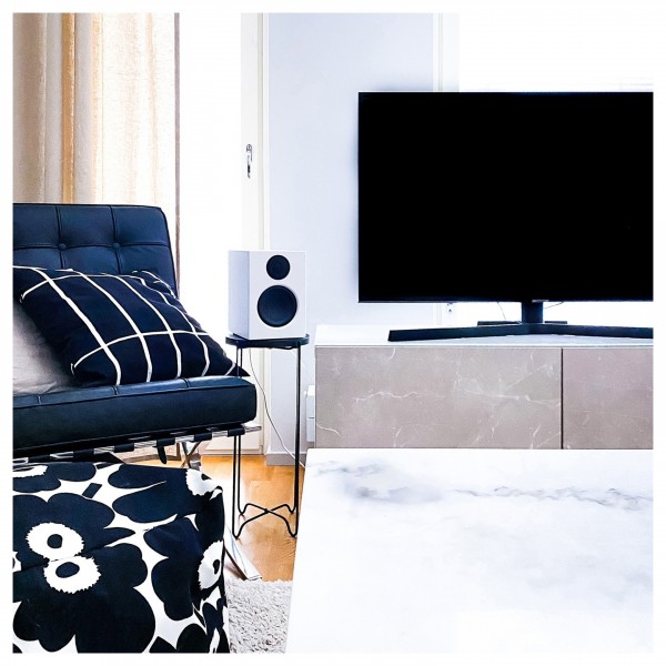 Audio Pro A28 Active Wireless Bookshelf Speakers, White - lifestyle