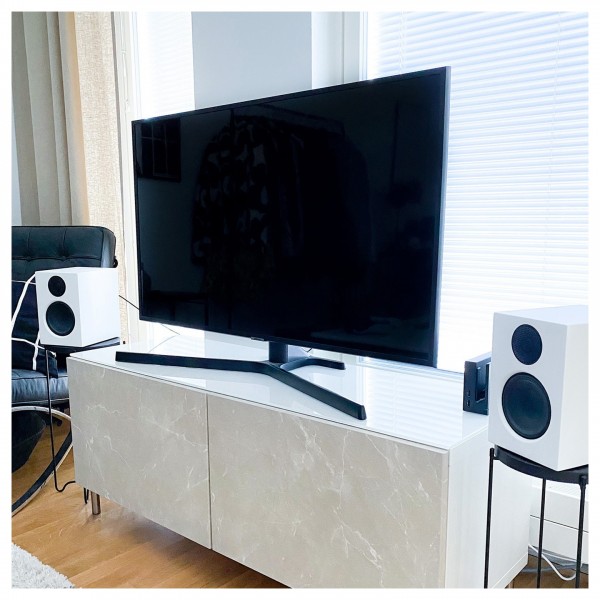 Audio Pro A28 Active Wireless Bookshelf Speakers, White - lifestyle