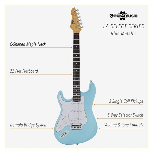 LA Select Electric Guitar Blue Metallic, 15W Guitar Amp & Accessory Pack