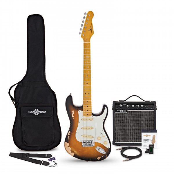 LA Select Electric Guitar Antique Sunburst, 15W Guitar Amp & Accessory Pack