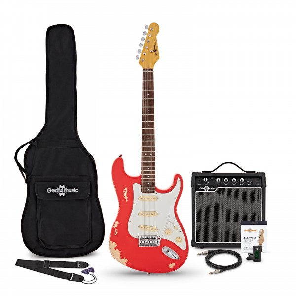 LA Select Electric Guitar Antique Red, 15W Guitar Amp & Accessory Pack