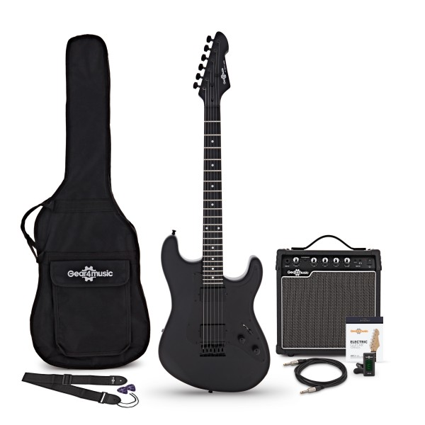 LA Select Electric Guitar Blackout, 15W Guitar Amp & Accessory Pack