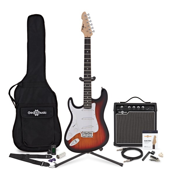 LA Left Handed Electric Guitar Sunburst, 15W Guitar Amp & Ultimate Accessory Pack