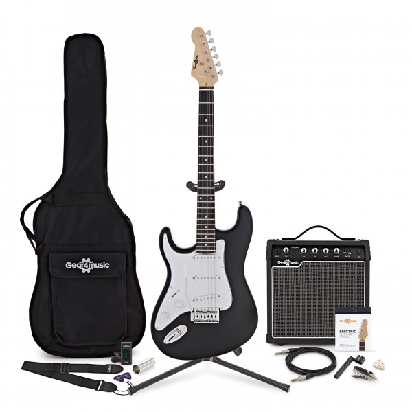 LA Left Handed Electric Guitar Black, 15W Guitar Amp & Ultimate Accessory Pack