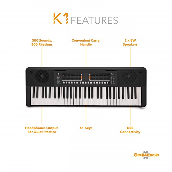 K1 61-Note Keyboard by Gear4music, Headphone Pack