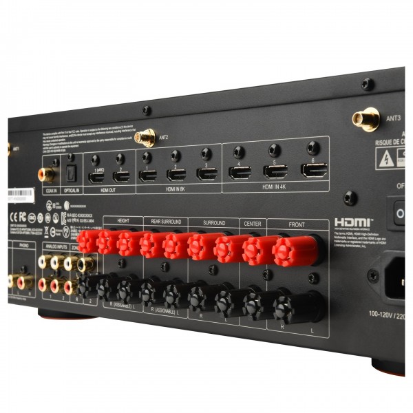 JBL MA910HP 9.2 Channel 8K High Performance AV Receiver, Black - Detail image of speaker and HDMI terminals