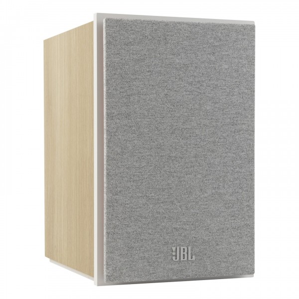 JBL Stage 240B Bookshelf Speaker, White - Angled with grille attached