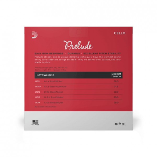 D'Addario Prelude Cello String Set, 4/4 Size, Medium - back