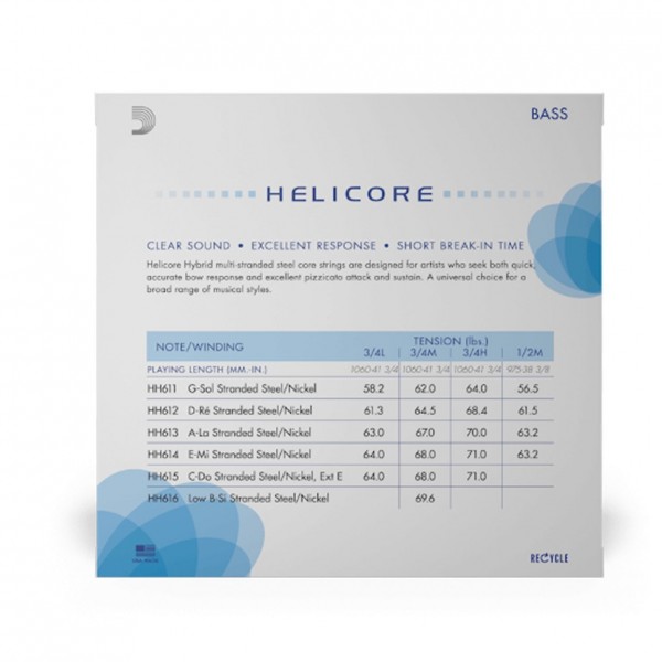 D'Addario Helicore Hybrid Double Bass String Set, 3/4 Size, Light 