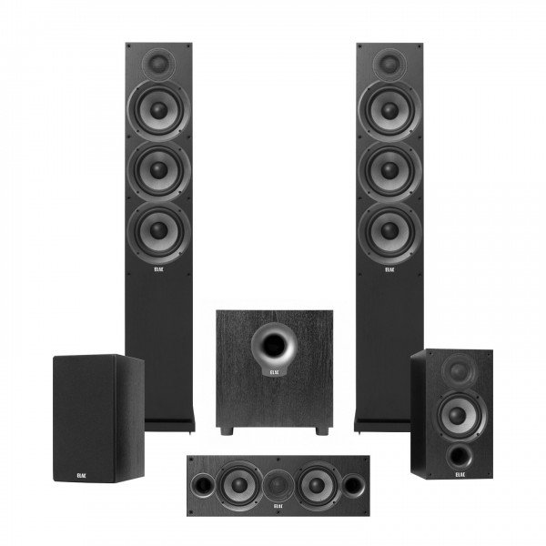 ELAC Debut F5.2 5.1 Floorstanding Speaker Package, Black Ash Front View