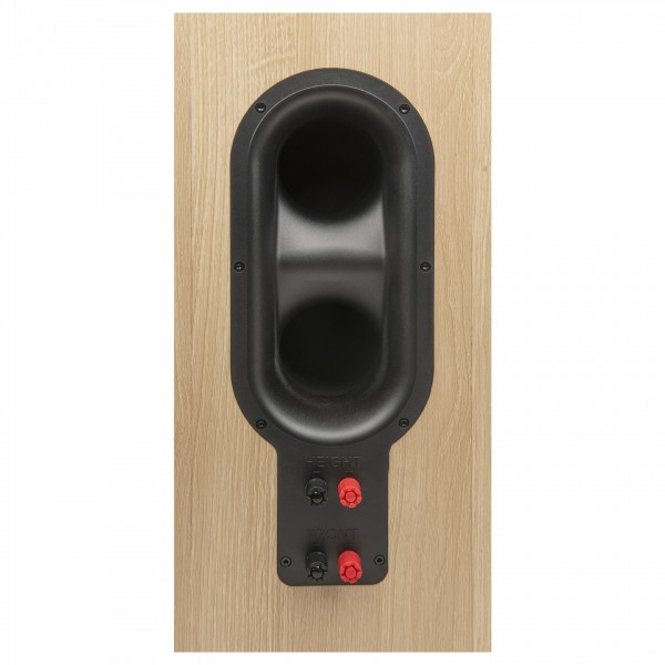JBL Stage 260F Floorstanding Speaker, White - Close-up of cable terminals and Dual Flared Racetrack Rear-Firing Tuned Ports