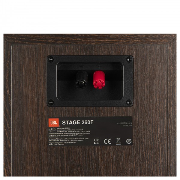 JBL Stage 260F Floorstanding Speaker, Black - Close-up of Height-Channel cable outputs which can be used with JBL Stage 240H