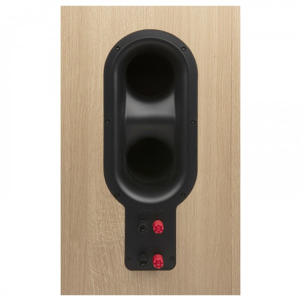 JBL Stage 280F Floorstanding Speaker, White - Close-up of cable terminals and Dual Flared Racetrack Rear-Firing Tuned Ports