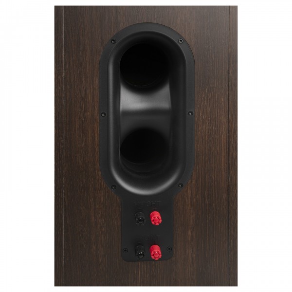 JBL Stage 280F Floorstanding Speaker, Black - Close-up of cable terminals and Dual Flared Racetrack Rear-Firing Tuned Ports