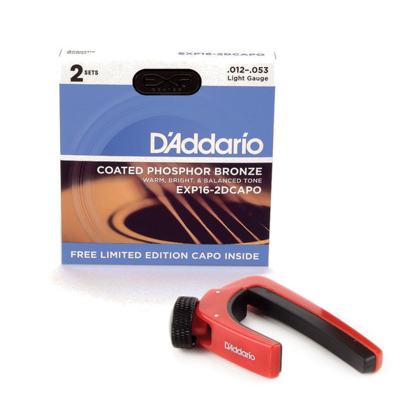 DAddario  EXP16 Light Acoustic Strings 2 pack with Red NS Capo Lite