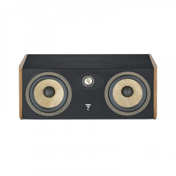 Focal Aria Evo X CC Centre Speaker, Prime Walnut front view showing Flax fibre cone woofers and TAM tweeter