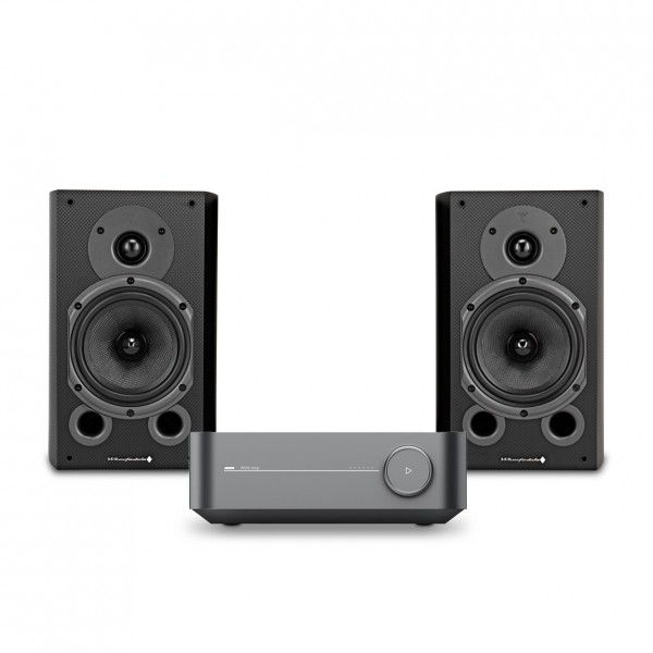 WiiM Amp, Space Grey & Wharfedale Diamond 9.1, Carbon Fibre Hi-Fi Bundle Front View