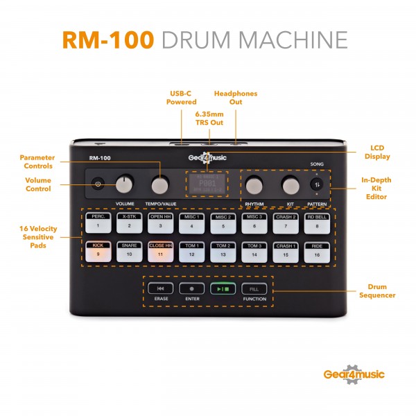 RM-100 Rhythm & Drum Machine by Gear4music