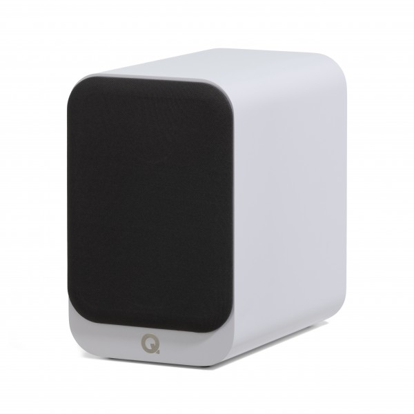 Q Acoustics 3020c Bookshelf Speaker, Satin White - Angled with magnetic grille attached