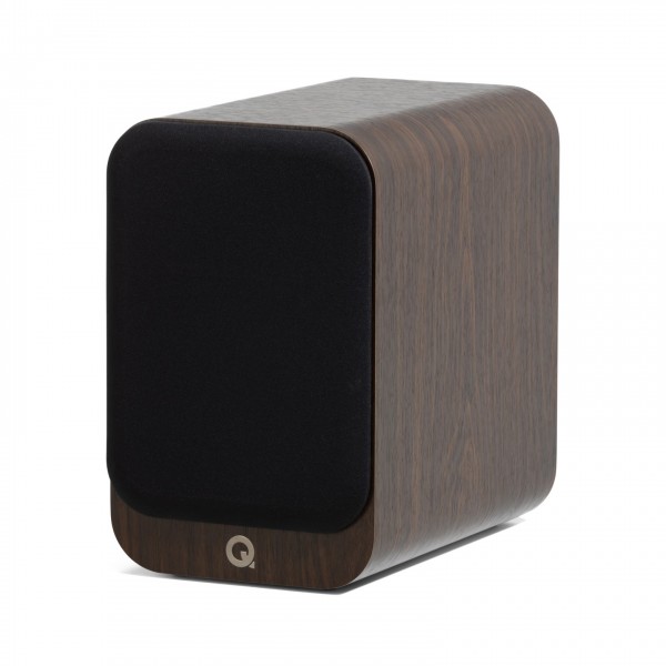 Q Acoustics 3020c Bookshelf Speaker, Claro Walnut - Angled with magnetic grille attached