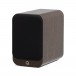 Q Acoustics 3020c Bookshelf Speaker, Claro Walnut - Angled with magnetic grille attached