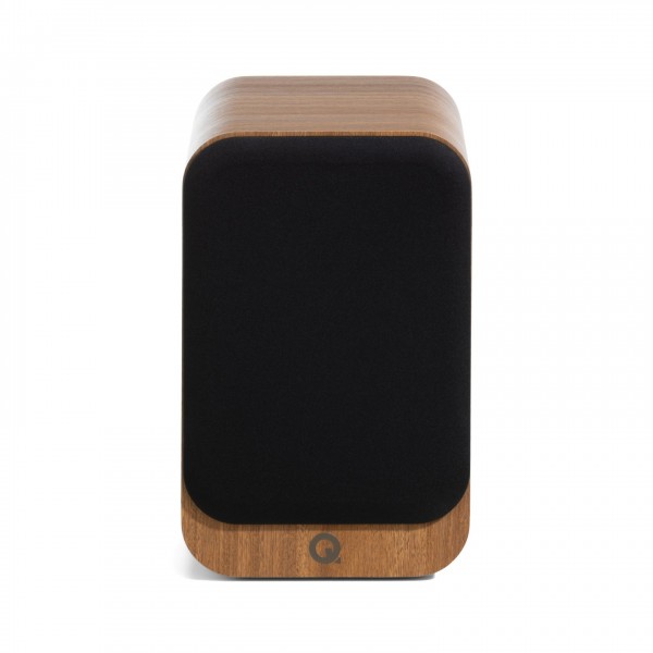 Q Acoustics 3020c Bookshelf Speaker, Pin Oak - front with magnetic grille attached