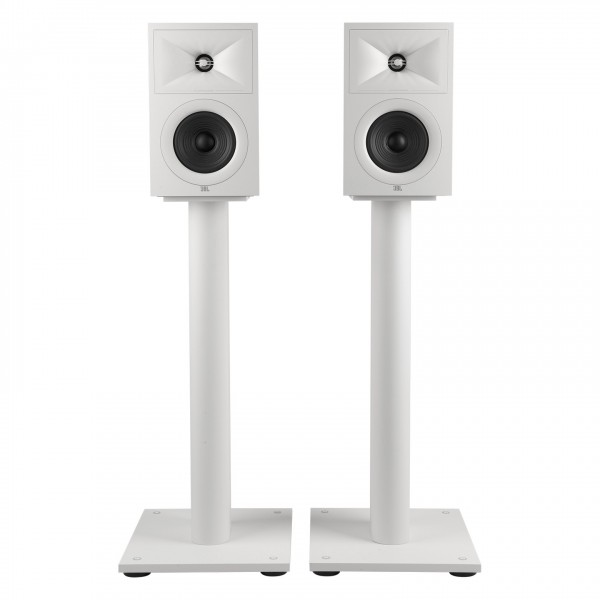 JBL Stage Floor Stands (Pair), White - with Stage 250B Bookshelf Speakers mounted on top