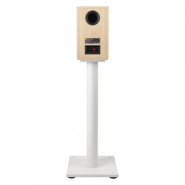 JBL Stage Floor Stands (Pair), White - reverse with Stage 250B Bookshelf Speaker mounted on top