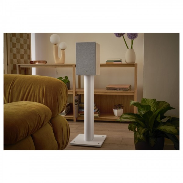 JBL Stage Floor Stands (Pair), White - Lifestyle with JBL Stage 2 240B Bookshelf Speaker mounted on top. The speaker also has it