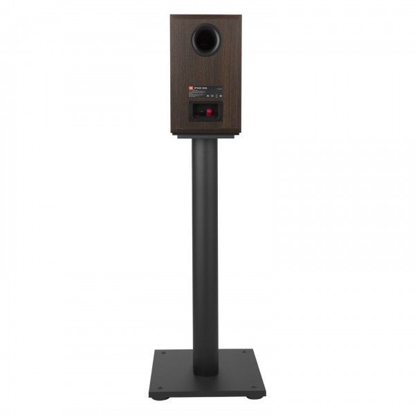 JBL Stage Floor Stands (Pair), Black - reverse with Stage 250B Bookshelf Speaker mounted on top