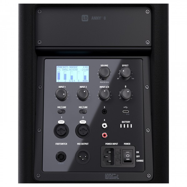 LD Systems ANNY 8" Battery-Powered Bluetooth PA System With Mixer, Black - Panel, On