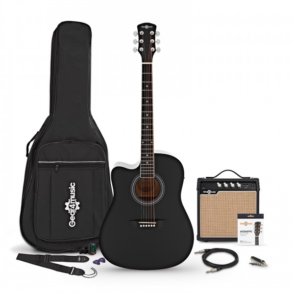 Dreadnought Left Handed Cutaway Electro Acoustic Guitar Black, 15W Acoustic Amp & Accessory Pack