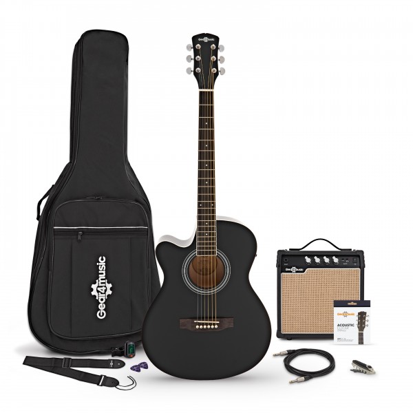 Single Cutaway Left Handed Electro Acoustic Guitar Black, 15W Acoustic Amp & Accessory Pack