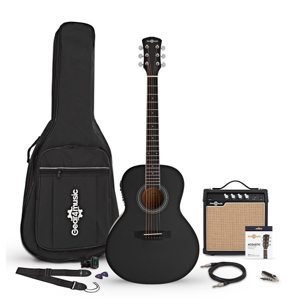 Parlour Electro Acoustic Guitar Black, 15W Acoustic Amp & Accessory Pack