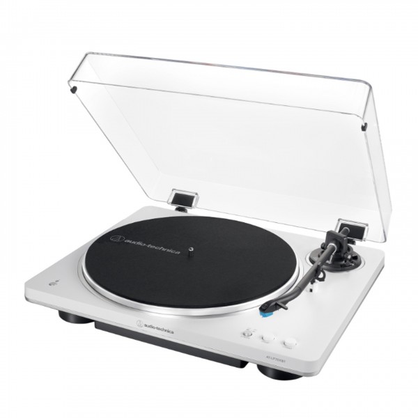 Audio Technica AT-LP70XBT Fully Automatic Bluetooth Turntable, White and Silver Front View